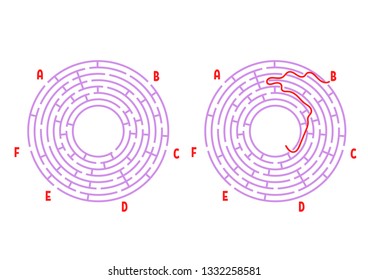 Color round labyrinth. Game for kids. Puzzle for children. Maze conundrum. Flat vector illustration isolated on white background. With the answer. With place for your image