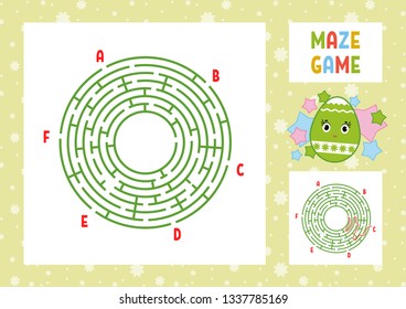 Color round labyrinth. Kids worksheets. Activity page. Game puzzle for children. Cute cartoon egg. Holiday Easter. Maze conundrum. Vector illustration. With answer. With place for your image