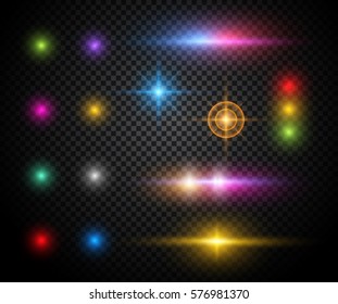 Color round sparkles and lens flare simple vector light effects set with transparency on plaid background