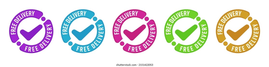 Color round sticker stamp for free delivery announcing. Sale badge label for shipping service promotion vector illustration isolated on white background