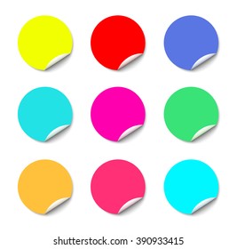 Color round stickers with curled edge vector template isolated on white background.