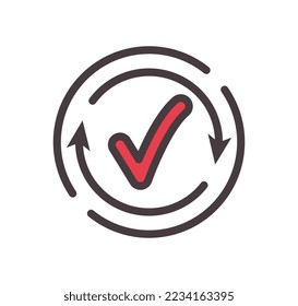 Color round with tick icon. Award and trophy, approval and confirmation. Poster or banner for website. Design element for programs and applications, interface. Cartoon flat vector illustration