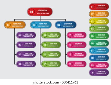 Color Rounded Rectangle Organization Chart Infographics With Shadow, Number &  Text Information, Business Structure Concept, Business Flowchart Work Process, Vector Illustration