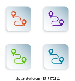Color Route location icon isolated on white background. Map pointer sign. Concept of path or road. GPS navigator. Set icons in colorful square buttons. Vector Illustration
