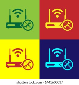 Color Router wi-fi with screwdriver and wrench icon isolated on color background. Adjusting, service, setting, maintenance, repair, fixing.  Vector Illustration
