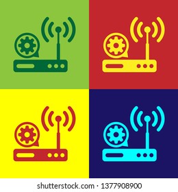 Color Router and wi-fi signal and gear icon isolated on color backgrounds. Adjusting app, service concept, setting options, maintenance, repair, fixing. Vector Illustration