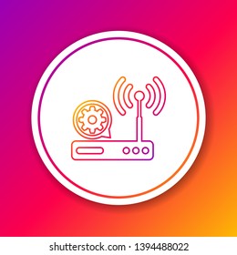 Color Router and wi-fi signal and gear line icon isolated on color background. Adjusting app, service concept, setting options, maintenance, repair, fixing. Circle white button. Vector Illustration