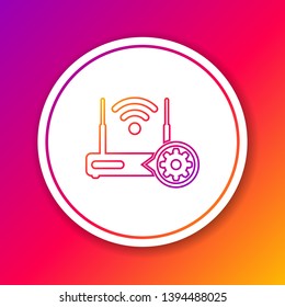 Color Router and wi-fi signal and gear line icon isolated on color background. Adjusting app, service concept, setting options, maintenance, repair, fixing. Circle white button. Vector Illustration
