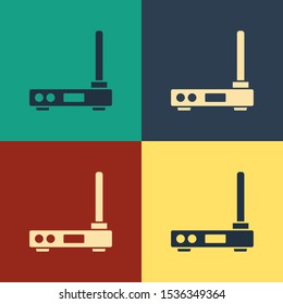 Color Router and wi-fi signal symbol icon isolated on color background. Wireless ethernet modem router. Computer technology internet. Vintage style drawing. Vector Illustration