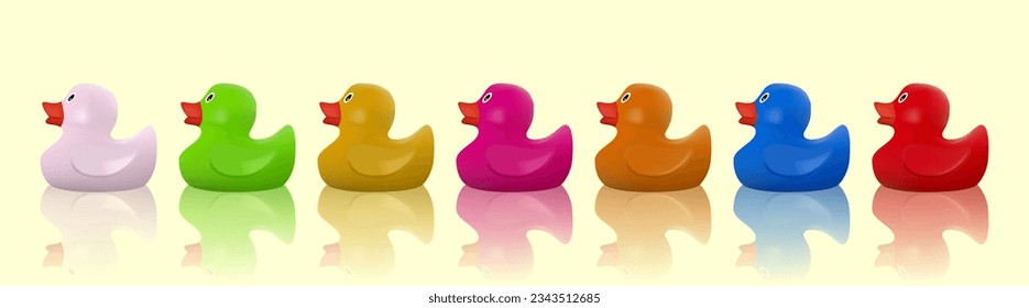 Color rubber ducks. 3D realistic vector objects