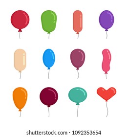 Color rubber flying flat balloons with string vector collection isolated on white background. Illustration colored balloons set with helium for holiday and birthday