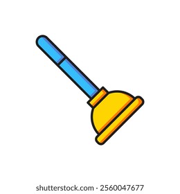 Color Rubber plunger with wooden handle for pipe cleaning icon isolated on white background. Toilet plunger. Flat filled outline style with shadow. Vector