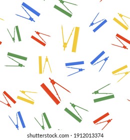 Color Ruler y el icono de brújula de dibujo aislado patrón sin fisuras sobre fondo blanco. Instrumento profesional de dibujo. Equipo geométrico. Señal de educación. Vector.