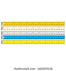 Color rulers in centimeters and inches vector set. Stationery color ruler tool illustration
