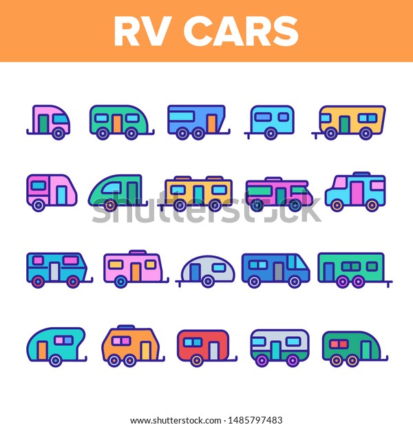 Color Rv Camper Cars Vehicle\
Icons Set Vector Thin Line. Different Types Rv Cars, Trailer,\
Automobile And Home On Wheels Linear Pictograms. Travel Camping\
Illustrations