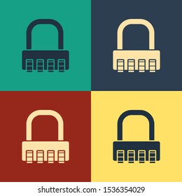 Color Safe combination lock icon isolated on color background. Combination padlock. Security, safety, protection, password, privacy. Vintage style drawing. Vector Illustration