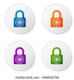 Color Safe combination lock wheel icon isolated on white background. Combination padlock. Security, safety, protection, password, privacy concept. Set icons in circle buttons. Vector Illustration