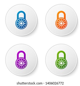 Color Safe combination lock wheel icon isolated on white background. Combination padlock. Security, safety, protection, password, privacy concept. Set icons in circle buttons. Vector Illustration