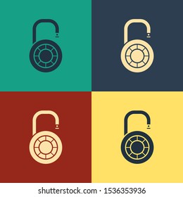 Color Safe combination lock wheel icon isolated on color background. Combination padlock. Security, safety, protection, password, privacy. Vintage style drawing. Vector Illustration