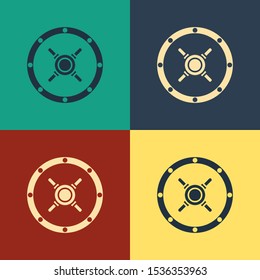 Color Safe icon isolated on color background. The door safe a bank vault with a combination lock. Reliable Data Protection. Vintage style drawing. Vector Illustration