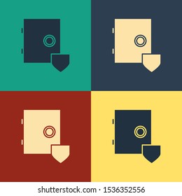 Color Safe with shield icon isolated on color background. Insurance concept. Security, safety, protection, protect concept. Vintage style drawing. Vector Illustration
