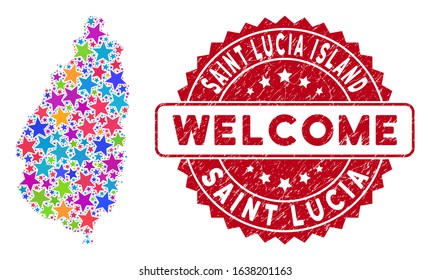 Color Saint Lucia Island map composition of stars, and textured round red WELCOME stamp seal. Abstract territorial scheme in colorful color tones.