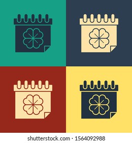 Color Saint Patricks day with calendar icon isolated on color background. Four leaf clover symbol. Date 17 March. Vintage style drawing. Vector Illustration