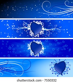 Color Saint Valentine's banners with snow scrolls and heart shapes