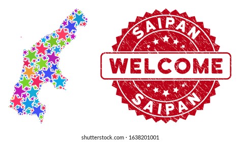 Color Saipan Island map collage of stars, and distress round red WELCOME stamp. Abstract territory scheme in colorful color hues. Vector Saipan Island map is designed of bright stars.