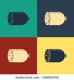 Color Salami sausage icon isolated on color background. Meat delicatessen product. Vintage style drawing. Vector Illustration