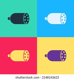 Color Salami sausage icon isolated on white background. Meat delicatessen product. Abstract banner with liquid shapes. Vector