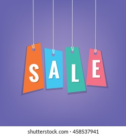 Color sale tag hanging mobile heading design on purple background for banner or poster. Sale and Discounts Concept. Vector illustration.