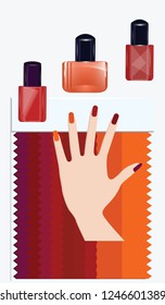Color sample pallets of red shades - bottles of nail polish - female hand - isolated on white background - vector