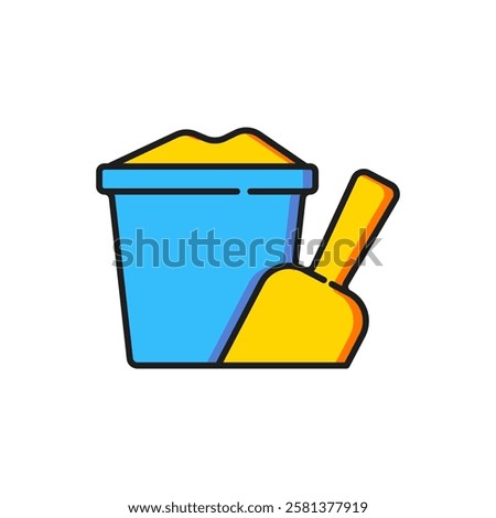 Color Sand in bucket with shovel icon isolated on white background. Plastic kid toy. Summer icon. Flat filled outline style with shadow. Vector