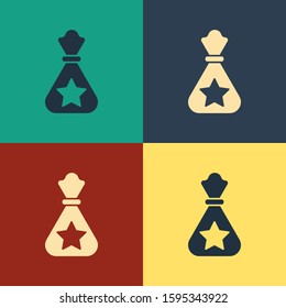 Color Santa Claus bag gift icon isolated on color background. Christmas presents sack. Merry Christmas and Happy New Year. Vintage style drawing. Vector Illustration