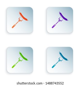 Color Sausage on the fork icon isolated on white background. Grilled sausage and aroma sign. Set icons in colorful square buttons. Vector Illustration