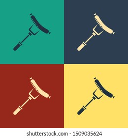 Color Sausage on the fork icon isolated on color background. Grilled sausage and aroma sign. Vintage style drawing. Vector Illustration