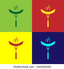 Color Sausage on the fork with steam icon isolated on color backgrounds. Grilled sausage and aroma sign. Vector Illustration