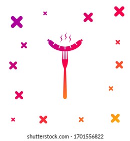 Color Sausage on the fork with steam icon isolated on white background. Grilled sausage and aroma sign. Gradient random dynamic shapes. Vector Illustration