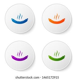 Color Sausage with steam icon isolated on white background. Grilled sausage and aroma sign. Set icons in circle buttons. Vector Illustration