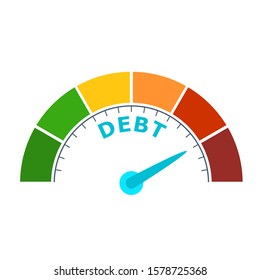 Color scale with arrow from green to red. Debt measuring device icon. Sign tachometer, speedometer, indicators. Colorful infographic gauge element. Business concept on debt