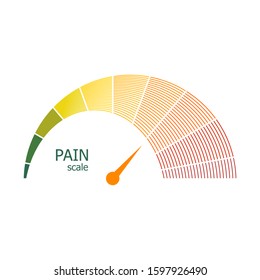 Color scale with arrow from green to red. The pain level measuring device icon. Sign tachometer, speedometer, indicators. Colorful infographic gauge element.