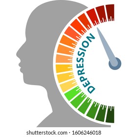 Color scale with arrow from green to red. The depression level measuring device icon. Sign tachometer, speedometer, indicators. Colorful infographic gauge element. Head of man silhouette.