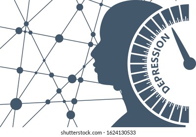 Color scale with arrow from green to red. The depression level measuring device icon. Sign tachometer, speedometer, indicators. Head of man silhouette. Connected lines with dots.