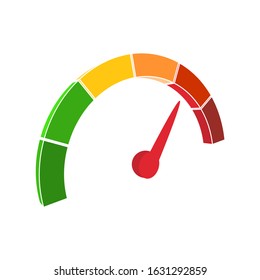 Color scale with arrow from green to red. The measuring device icon. Sign tachometer, speedometer, indicators. Vector illustration in isometric style. Colorful infographic gauge element