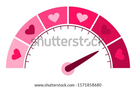 Color scale with arrow from pink to dark pink. The measuring device icon. Sign tachometer, speedometer, indicators. Illustration in flat style. Colorful infographic gauge element. Love meter