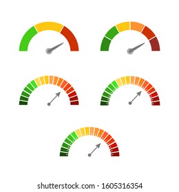 Color scale with arrow from red to green. The measuring device icons set. Sign tachometer, speedometer, indicators. Vector illustration in flat style. Colorful infographic gauge elements