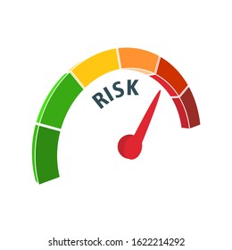 Color scale with arrow from red to green. The measuring device icon. Risk level indicator. Vector illustration in isometric style. Colorful infographic gauge element