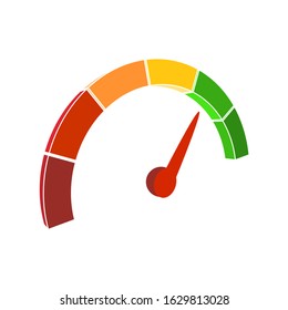 Color scale with arrow from red to green. The measuring device icon. Sign tachometer, speedometer, indicators. Vector illustration in isometric style. Colorful infographic gauge element