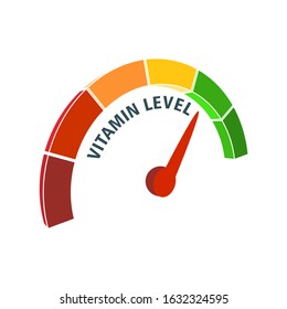 Color scale with arrow from red to green. Vitamin level measuring device icon. Sign tachometer, speedometer, indicators. Colorful infographic gauge element